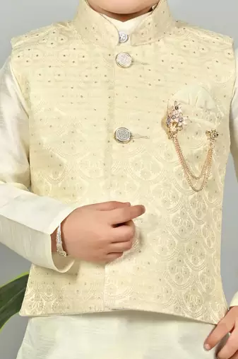 Boys scallop brocade kurta dhoti set with waistcoat for kids - cream