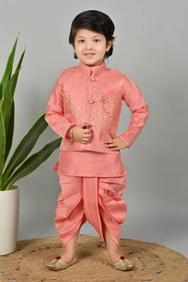 Boys scallop brocade kurta dhoti set with waistcoat for kids - coral 1