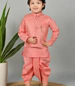 Boys scallop brocade kurta dhoti set with waistcoat for kids - coral