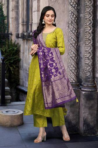 Green Satin Embroidery Kurta Pant Set with Banarasi Dupatta for Women