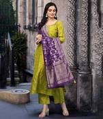 Trendmalls Green Satin Embroidery Kurta Pant Set with Banarasi Dupatta for Women