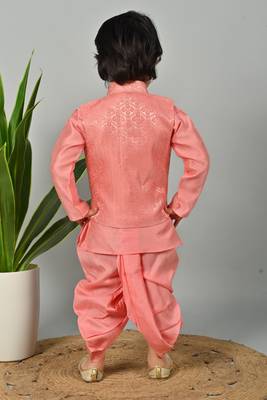Boys scallop brocade kurta dhoti set with waistcoat for kids - coral 2