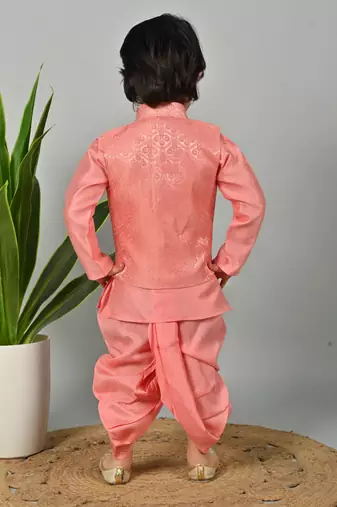Boys scallop brocade kurta dhoti set with waistcoat for kids - coral