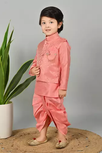 Boys scallop brocade kurta dhoti set with waistcoat for kids - coral