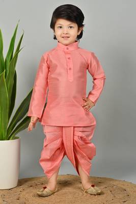 Boys scallop brocade kurta dhoti set with waistcoat for kids - coral 4