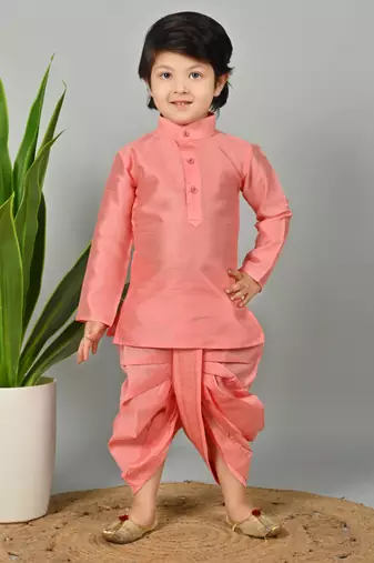 Boys scallop brocade kurta dhoti set with waistcoat for kids - coral