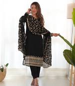 Blooming Vichitra Silk Fabric Straight Fit Kurta With Dupatta Trousers