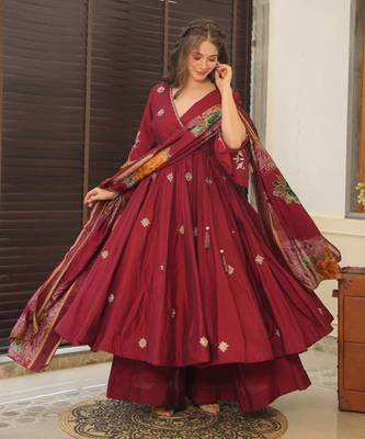 MAROON MASLIN COTTON ANARKALI SUIT SET  1