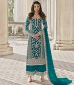 Teal embroidered net salwar
