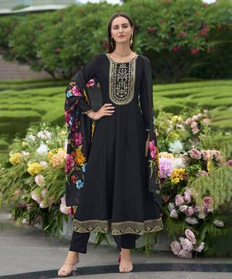 Black sequins embroidery, print vichitra silk anarkali pant- free size stitched(size upto 42") 1