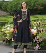 Black sequins embroidery, print vichitra silk anarkali pant- free size stitched(size upto 42")