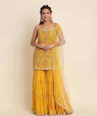 Yellow georgette embroidered punjabi suits semi stitched 1