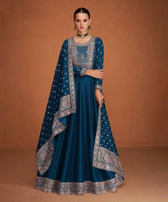 Blue embroidered premium silk blend anarkali suit 1
