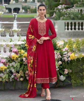Red sequins embroidery, print vichitra silk anarkali pant- free size stitched(size upto 42") 1