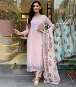 Baby pink viscose chanderi heavy thread embroidery work with printed dupatta kurta pant set