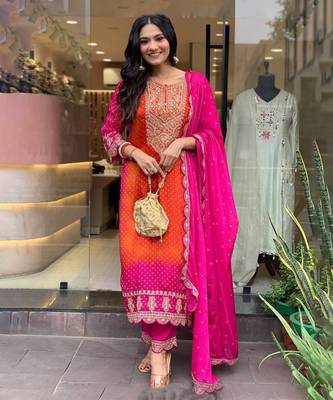 Radiant Orange and Pink Shaded Chiffon Embroidered Kurta Set 1