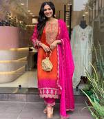 Radiant Orange and Pink Shaded Chiffon Embroidered Kurta Set