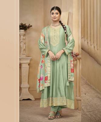 Light pista vichitra silk embroidered anarkali suit 1