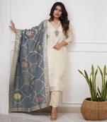 Off white viscose chanderi heavy thread embroidery work with jacquard dupatta kurta pant set