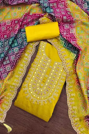 lime yellow premium roman silk handwork unstitched dress material