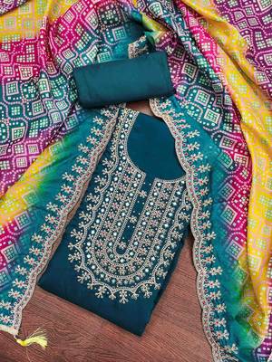 teal premium roman silk handwork unstitched dress material 1