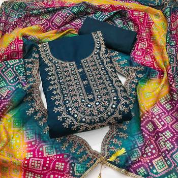 teal premium roman silk handwork unstitched dress material 2