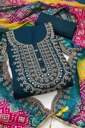 teal premium roman silk handwork unstitched dress material