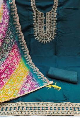 teal premium roman silk handwork unstitched dress material 3