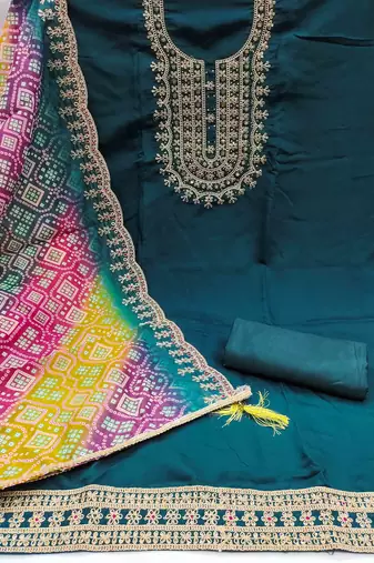 teal premium roman silk handwork unstitched dress material