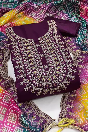 wine premium roman silk handwork unstitched dress material