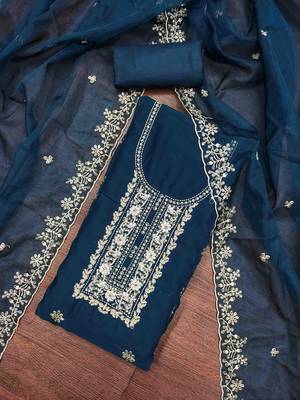 navy blue viscose organza handwork unstitched dress material 1