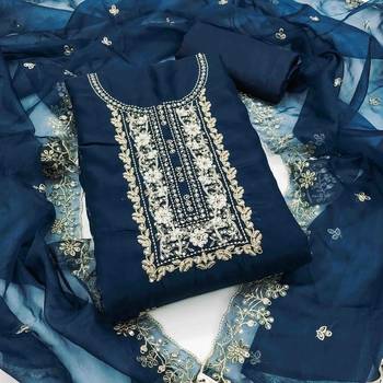 navy blue viscose organza handwork unstitched dress material 2