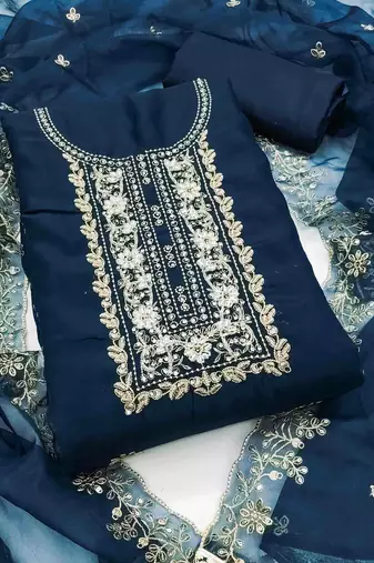 navy blue viscose organza handwork unstitched dress material