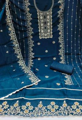 navy blue viscose organza handwork unstitched dress material 3
