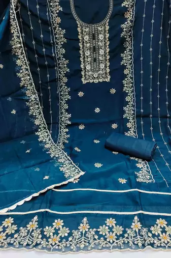 navy blue viscose organza handwork unstitched dress material