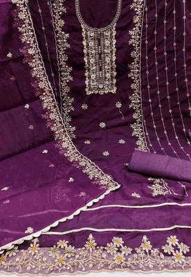 wine viscose organza handwork unstitched dress material 3