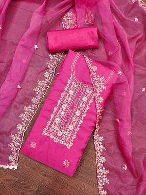 Women's pink viscose organza handwork unstitched dress material 1