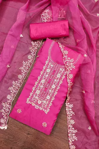 Women's pink viscose organza handwork unstitched dress material