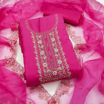 Women's pink viscose organza handwork unstitched dress material 2