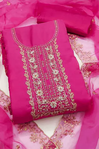 Women's pink viscose organza handwork unstitched dress material