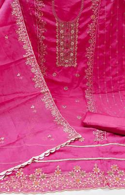 Women's pink viscose organza handwork unstitched dress material 3