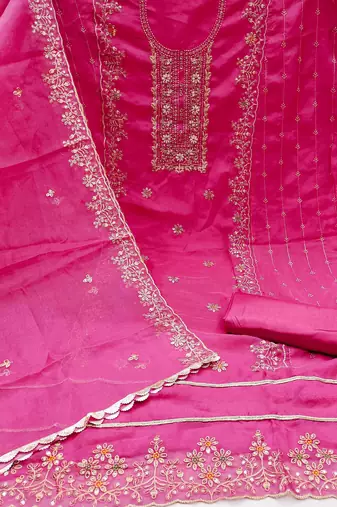 Women's pink viscose organza handwork unstitched dress material