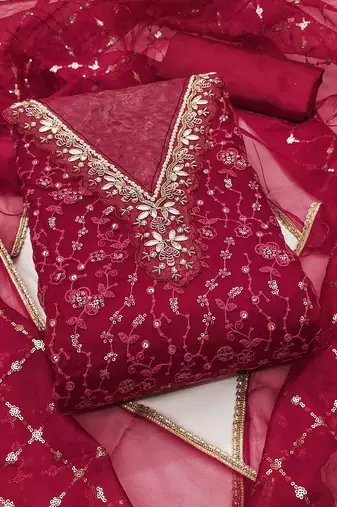 magenta viscose organza handwork unstitched dress material