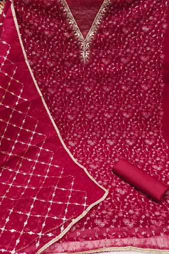 magenta viscose organza handwork unstitched dress material