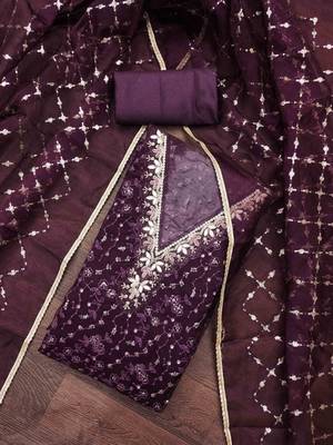 wine viscose organza handwork unstitched dress material 1