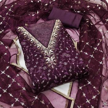 wine viscose organza handwork unstitched dress material 2