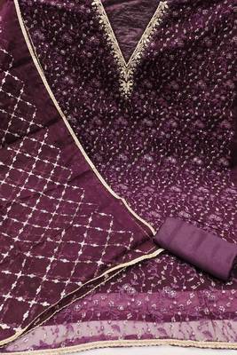 wine viscose organza handwork unstitched dress material 3