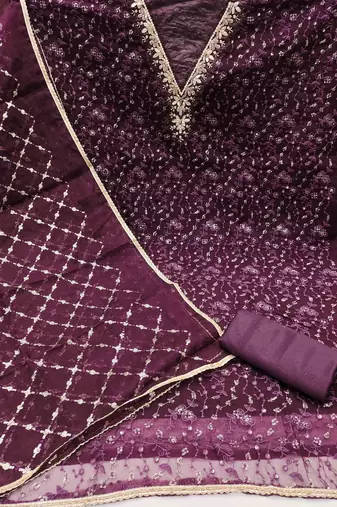 wine viscose organza handwork unstitched dress material