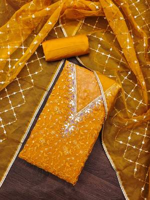yellow viscose organza handwork unstitched dress material 1
