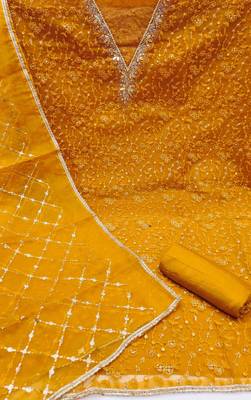 yellow viscose organza handwork unstitched dress material 3